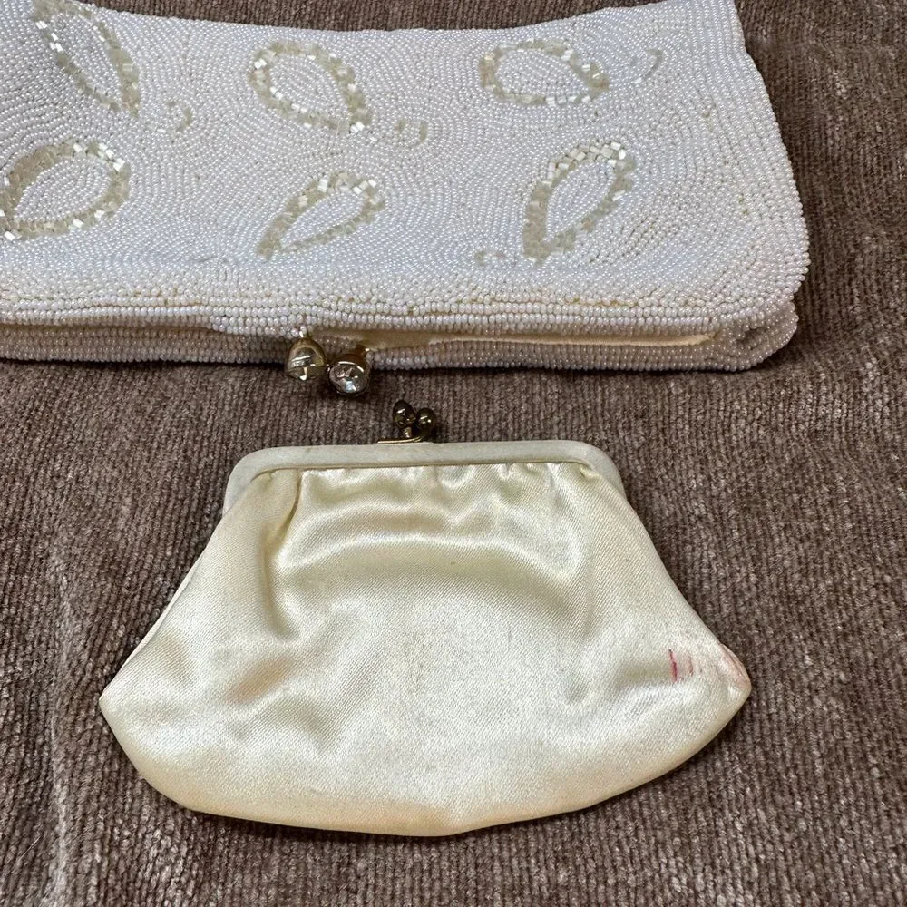 Vintage Cream Hand Beaded in Belgium Clutch bag with Coin Purse